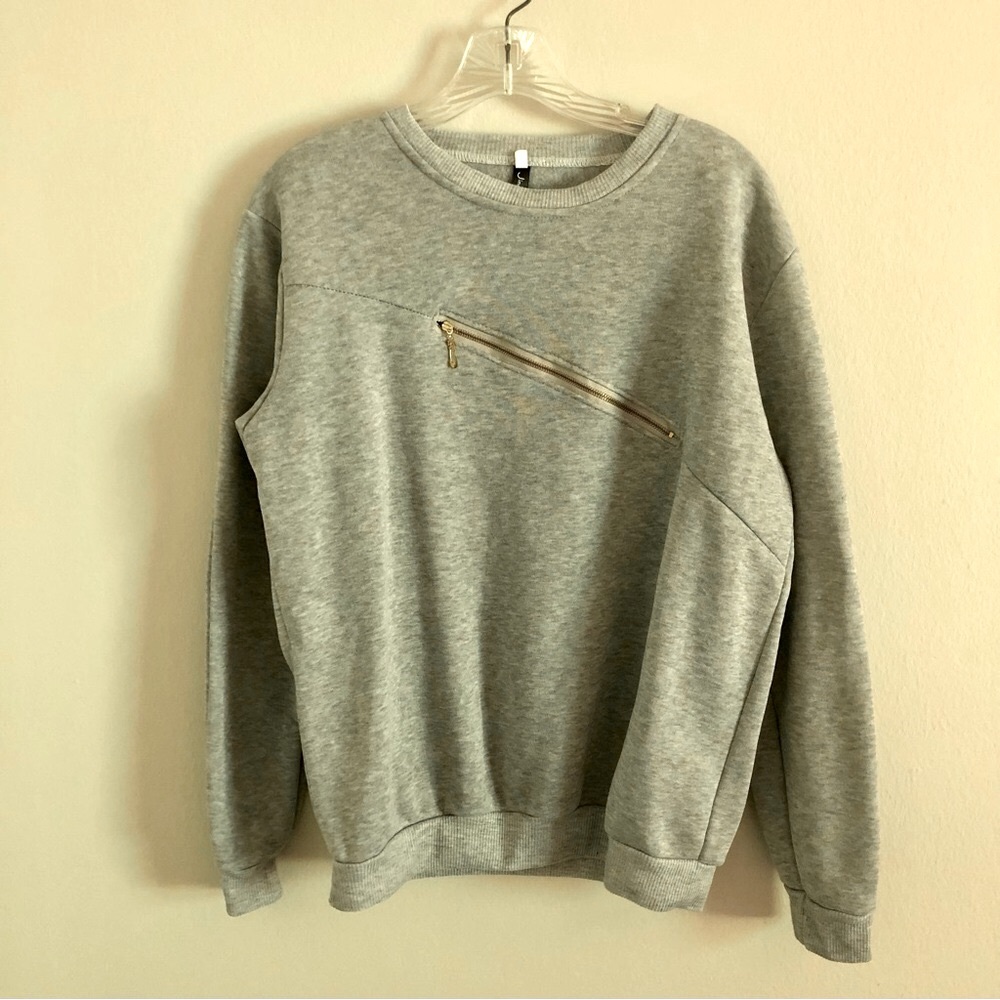 Jing Yi Gray Chest Zipper Crewneck Sweatshirt